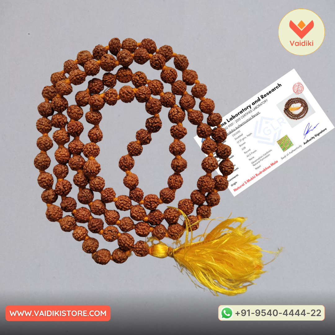 Certified Original 5 Mukhi Rudraksha Mala (108 Beads) with Certificate of Authenticity For Meditation & Mantra Chanting
