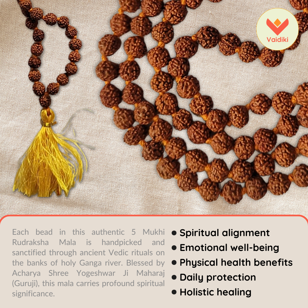Certified Original 5 Mukhi Rudraksha Mala (108 Beads) with Certificate of Authenticity For Meditation & Mantra Chanting