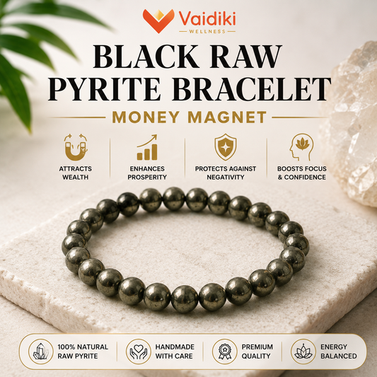 A black raw pyrite bracelet displayed on a light stone slab, with promotional text and icons above and below. The brand name 'Vaidiki Wellness' is visible at the top.